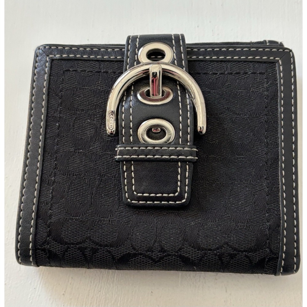 Vtg Coach SOHO Signature C Buckle Bifold Wallet Black Jacquard Leather Trim Y2K